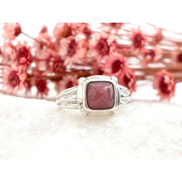 Red Agate Square Bezel Set Vintage Sterling Silver Ribbed Cabochon Ring - sz 9 - Picture 7 of 10